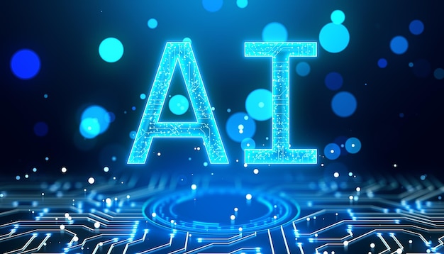 creative glowing blue ai hologram on blurry bokeh circles background artificial intelligence and digital learning concept 3d rendering