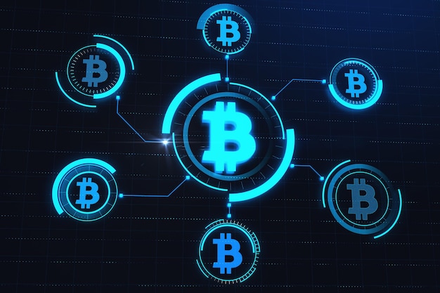 Creative glowing blue bitcoin interface on dark backdrop Finance technology cryptocurrency and exchange concept 3D Rendering