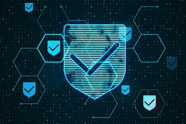 Creative glowing hexagonal shield hologram with binary coding on blurry background Safety and internet concept 3D Rendering