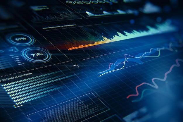 creative infographic and data visualization concept with perspective view on digital screen with stock diagrams statistic bars and charts 3d rendering