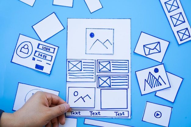 Creative mobile responsive website designer sorting wireframe screens of mobile application process development prototype wireframe User experience concept
