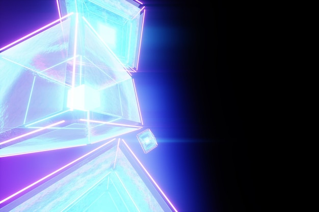 Creative neon blockchain concept background. Cryptography, learnability of artificial intelligence, neural networks. Holographic blocks are assembled into an array. 3D illustration, 3D render.