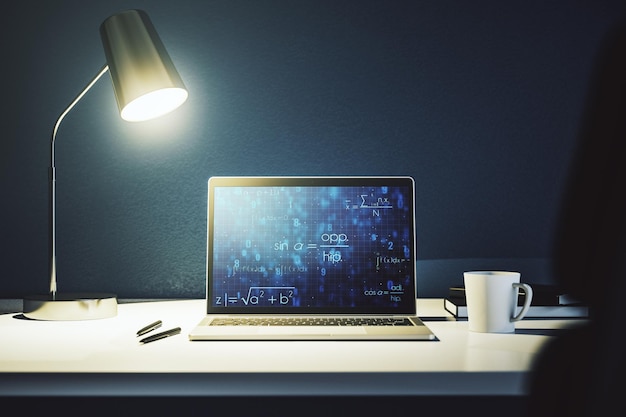 creative scientific formula hologram on modern laptop monitor research concept 3d rendering