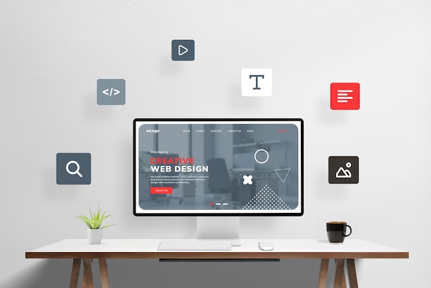 Creative web design studio illustration Computer display with modern webpage surrounded by flying icons of web design elements Modern digital design concept visualized