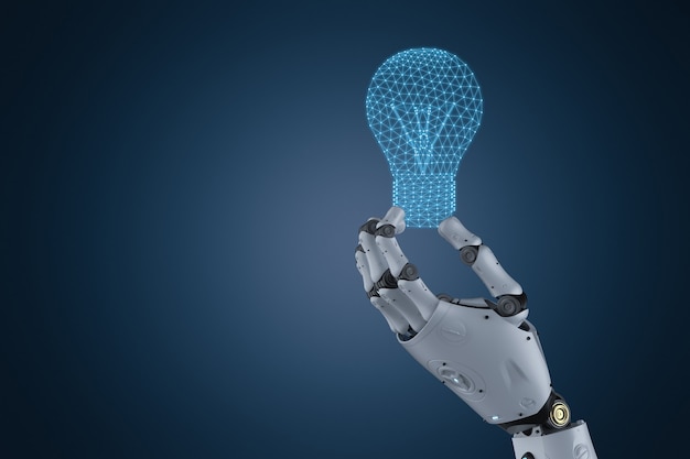Creativity concept with 3d rendering robot hand hold lightbulb