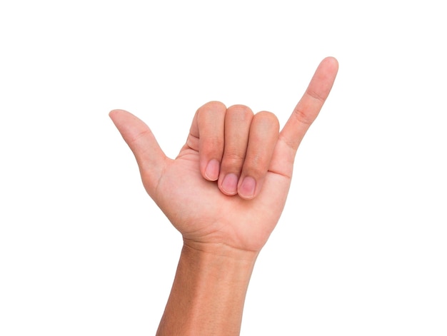 Cropped image of person showing shaka sign against white background