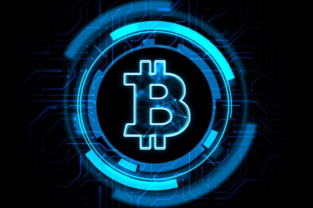cryptocurrency online and digital money concept with digital blue bitcoin symbol in microcircuit circle on abstract dark background 3d rendering