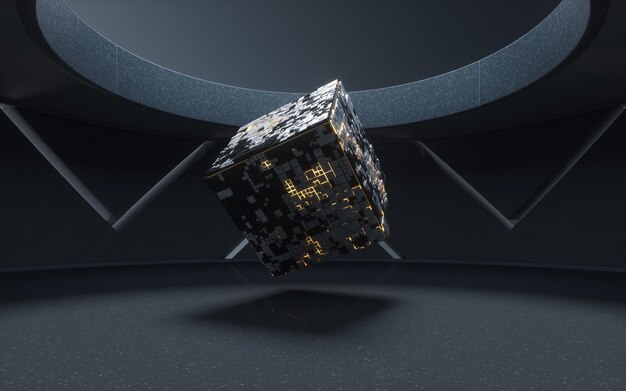 Cubes and materials with dark room 3d rendering