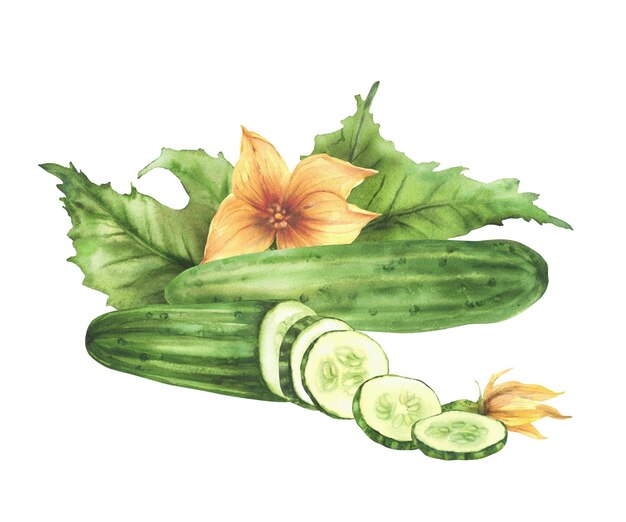 Cucumber vegetables with leaves yellow flowers and sliced in circles cucumber fruit Watercolor
