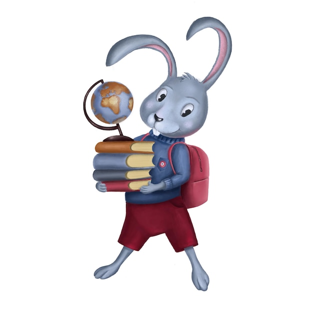 Cute rabbit with books and the globe back to school clipart funny illustration