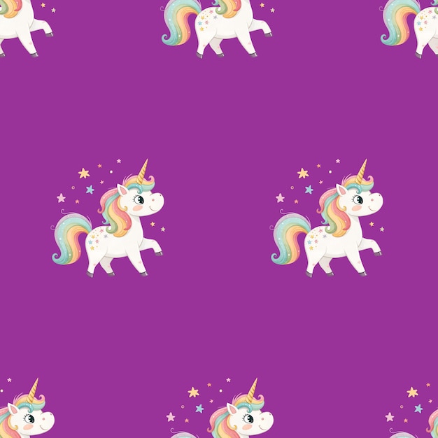 Cute unicorn pattern with stars on purple background Seamless design featuring adorable unicorns wi