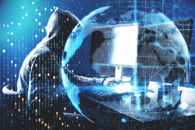 Cyber attack in process with hacker using computer