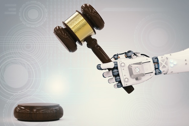 cyber law concept with 3d rendering robotic hand holding gavel judge