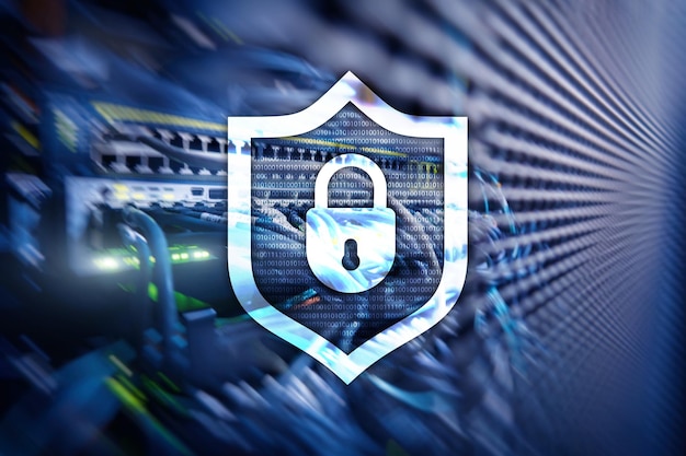 cyber protection shield icon on server room background information security and virus detection