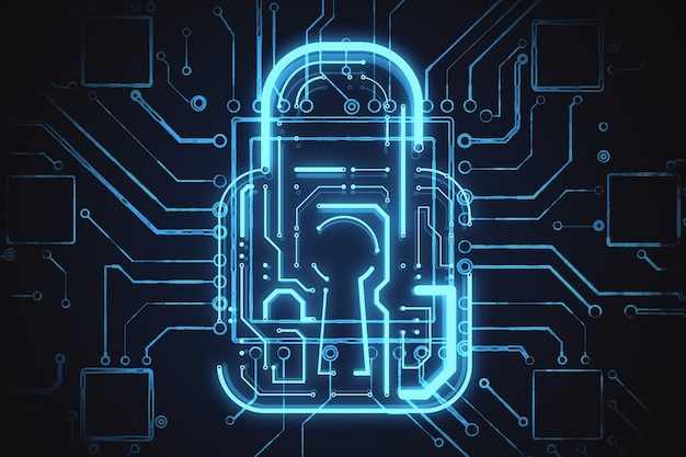 cyber security and data protection concept with digital glowing lock symbol on abstract dark technological background 3d rendering