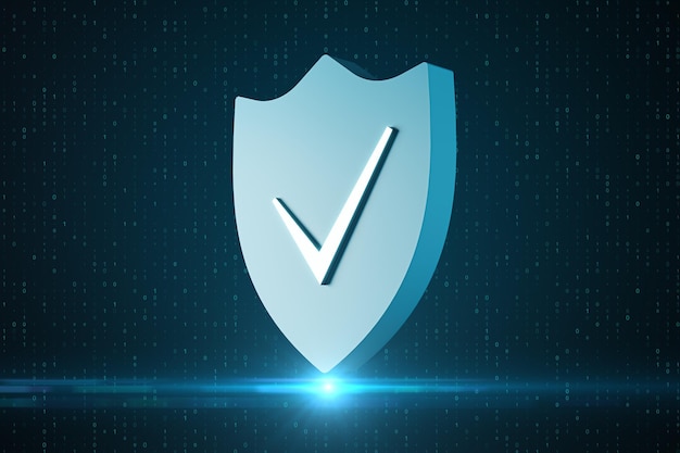 Cyber security and network protection concept with check mark on light blue shield on dark background with binary code and illuminating spot 3D rendering