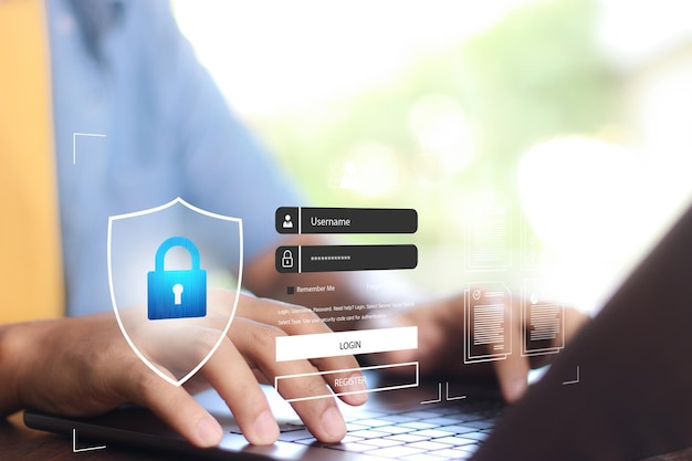 cyber security and security password login online concept hands typing and entering username
