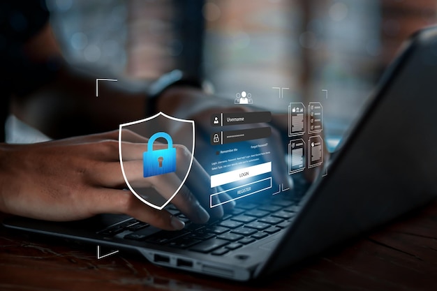 Cyber security and Security password login online concept Hands typing and entering username
