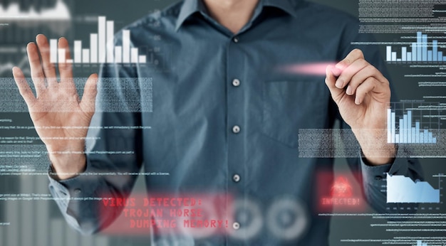 Cyber security hacker and hands of man and coding for software augmented reality and phishing Cloud computing matrix and website with programmer for password technology and data hacking