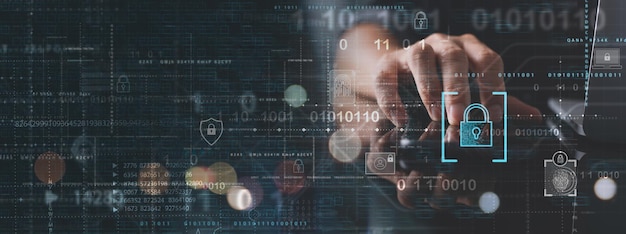 Cyber security internet network Businessman using laptop and digital tablet with digital padlock personal data protection on internet technology networking and cloud computing