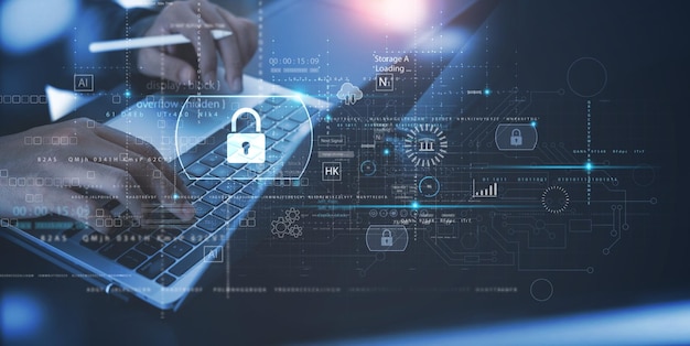 Cyber security network Data protection concept Man using mobile phone and laptop with digital padlock on internet technology networking user privacy security and encryption