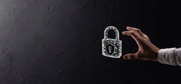 Cyber security network. Padlock icon and internet technology networking. Businessman protecting data personal information on tablet and virtual interface. Data protection privacy concept. GDPR. EU.