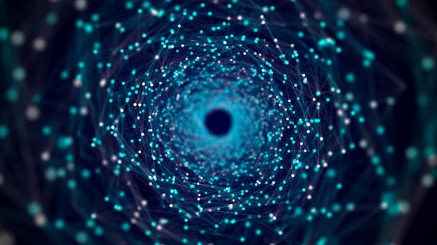 cyber tunnel consisting of moving glowing points futuristic infinite space background concept of data transfer in cyberspace hitech illustration 3d rendering