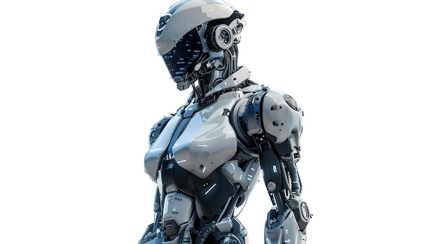 cybernetic human with robotic limbs on white background
