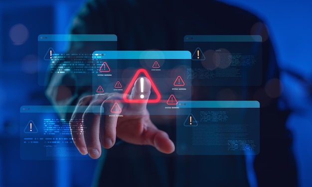 Cybersecurity alert concept showing a hand interacting with virtual warning windows illustrating system errors hacking risks and digital data protection in a secure environment