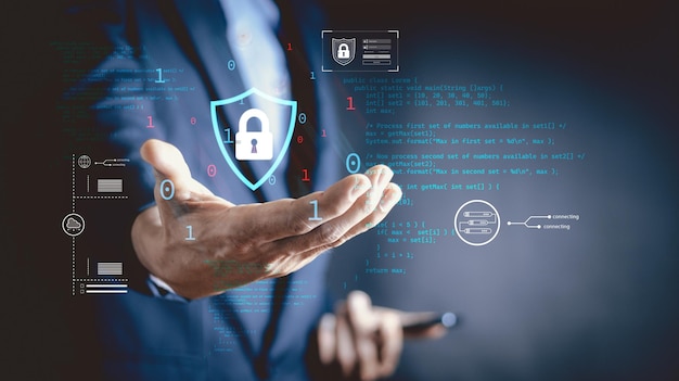 Cybersecurity and privacy concepts to protect data Lock icon and internet network security technology Businessman protecting personal data on smartphone virtual screen interfaces cyber security