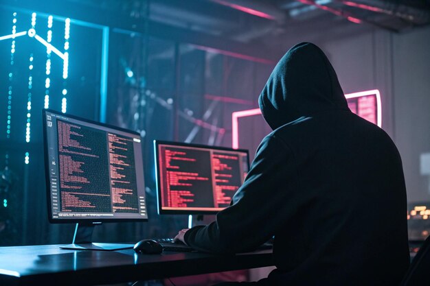 Cybersecurity Hacker at Work Coding and Analyzing Data