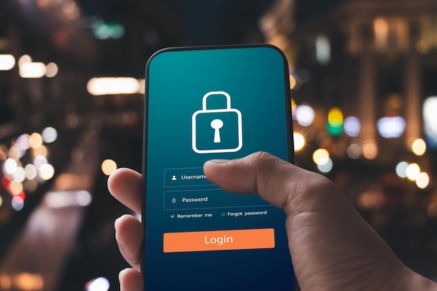 Cybersecurity internet and networking concept Close up of hand holding smartphone information security and encryption secure access to users personal information secure Internet access