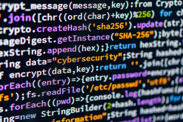 Cybersecurity The image shows lines of computer code or binary data written in a script or file