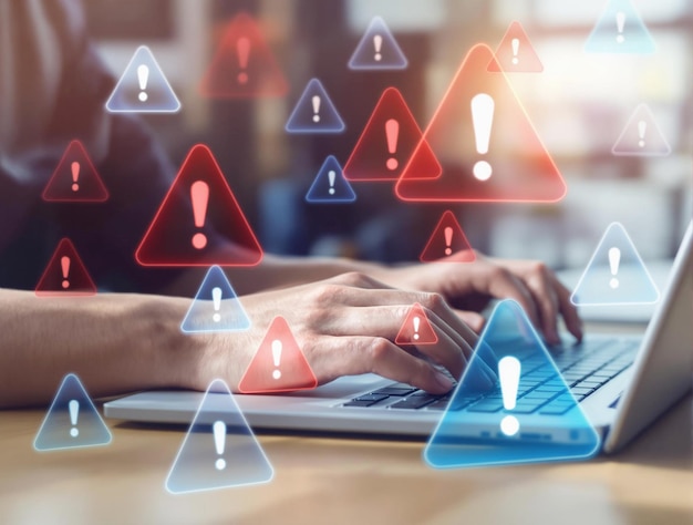 Cybersecurity Threat Alert Person Typing on Laptop with Holographic Warning Symbols in Modern Office