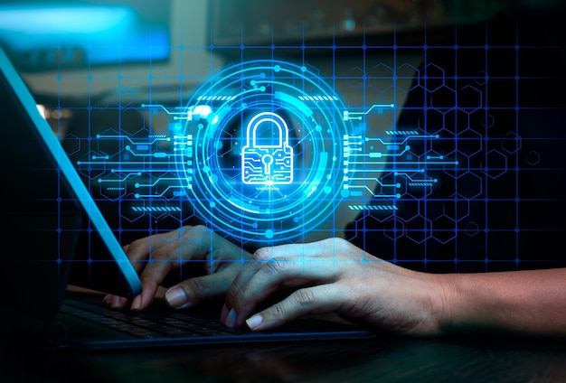 cybersecurity worldwide internet network security technology privacy digital data protection concepts blue safety digital lock icon showing on virtual screen while person work with tablet computer