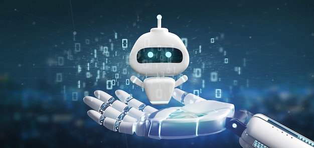 Cyborg hand holding Chatbot with binary code 