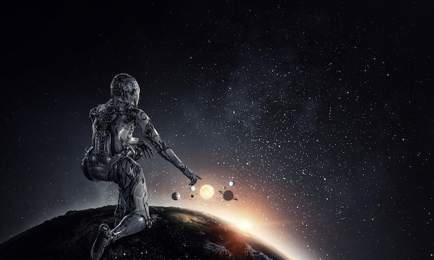 Cyborg shining silver woman sitting on one knee and smiling