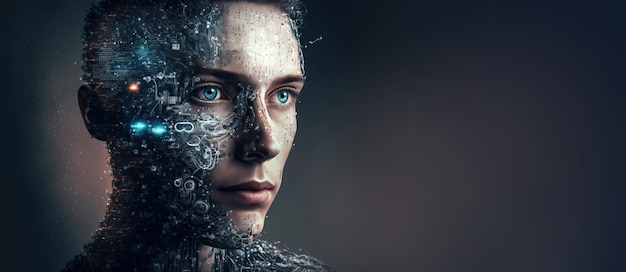 cyborg woman face with technology of the future generative ai