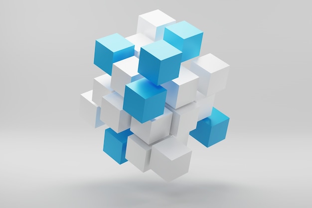 D render of cube made of small blocks abstract background business concept