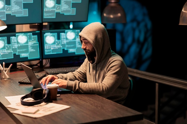 dangerous hacker working on security breach, creating cyber attack on big data server. hacking computer system and software, breaking security firewall and stealing company information.
