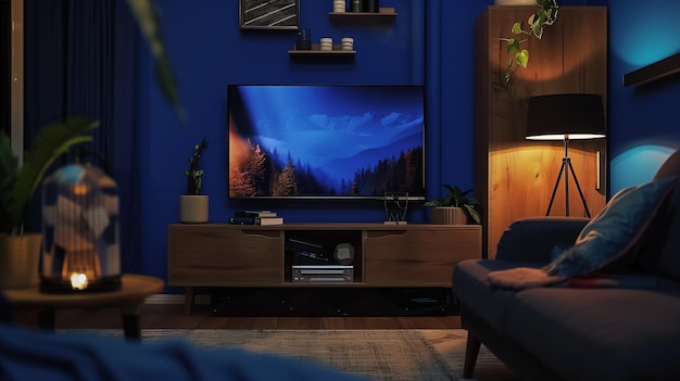 dark blue wall in nighttime cabin with tv on wooden cabinet