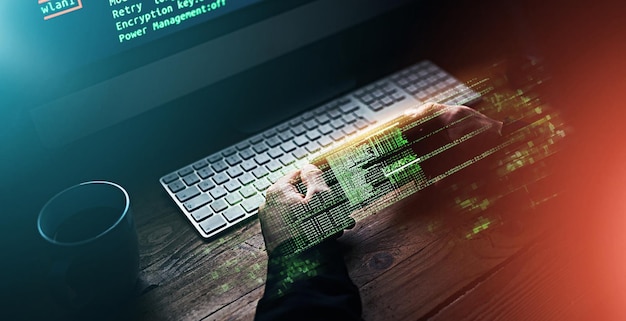 Dark hologram and a hacker for cyber security cloud computing or connection to computer system Graphic night and hands of a person typing on a pc for government information or data center network