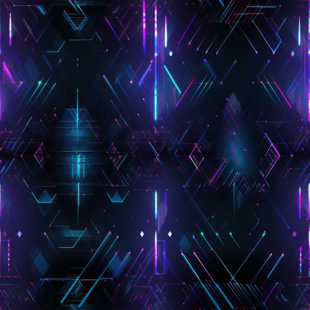 Dark Seamless pattern of blue purple and yellow lights on a black background with glitch effect