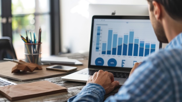 Data analysis to increase sales and revenue Man sitting with laptop and working with growing graph