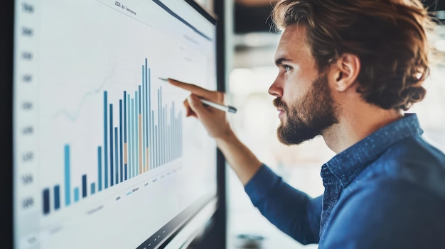 Data Analyst discussing Data Analytics KPI reports with a team utilizing an interactive