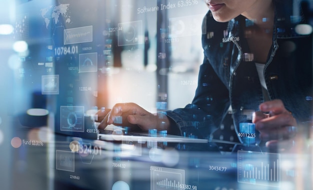 Data analytics business intelligence with key performance indicators KPI dashboard data science concept Business woman working on laptop computer analyzing financial graph on virtual screen