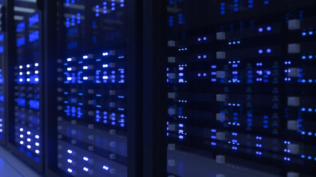 data center computer racks in network security server room cryptocurrency mining farm or hosting storage connected dots programming code and binary concept 3d render dark blue