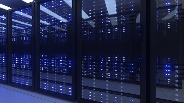 data center computer racks in network security server room cryptocurrency mining farm or hosting storage connected dots programming code and binary concept 3d render dark blue