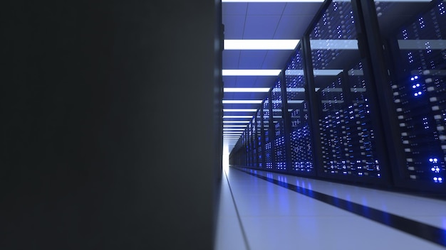 data center computer racks in network security server room cryptocurrency mining farm or hosting storage connected dots programming code and binary concept 3d render dark blue