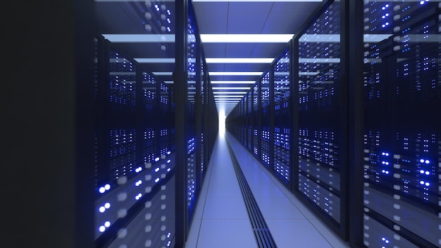 data center computer racks in network security server room cryptocurrency mining farm or hosting storage connected dots programming code and binary concept 3d render dark blue